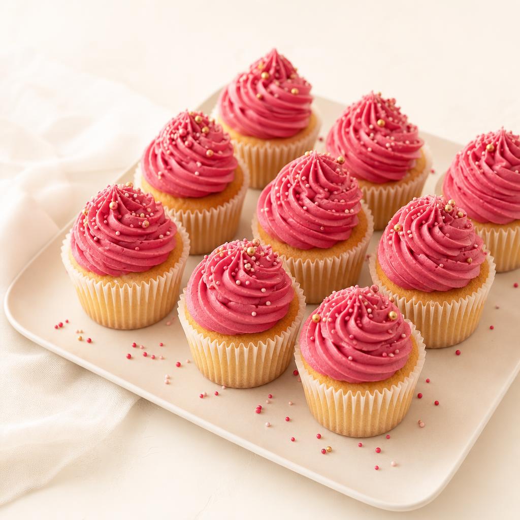 Frosted cupcakes topped with sprinkles, styled for a home bakery showcase