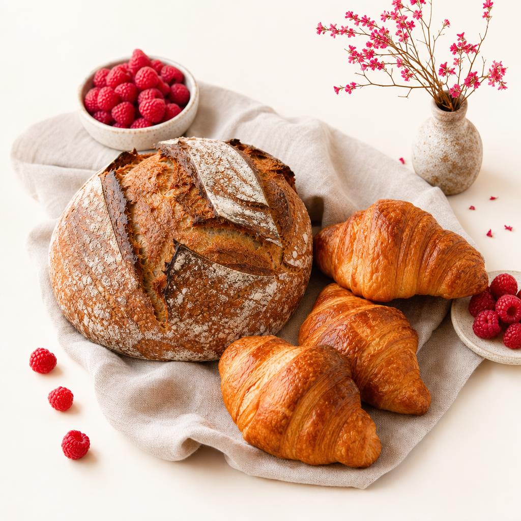 A home-baked sourdough loaf and golden croissants on a linen cloth