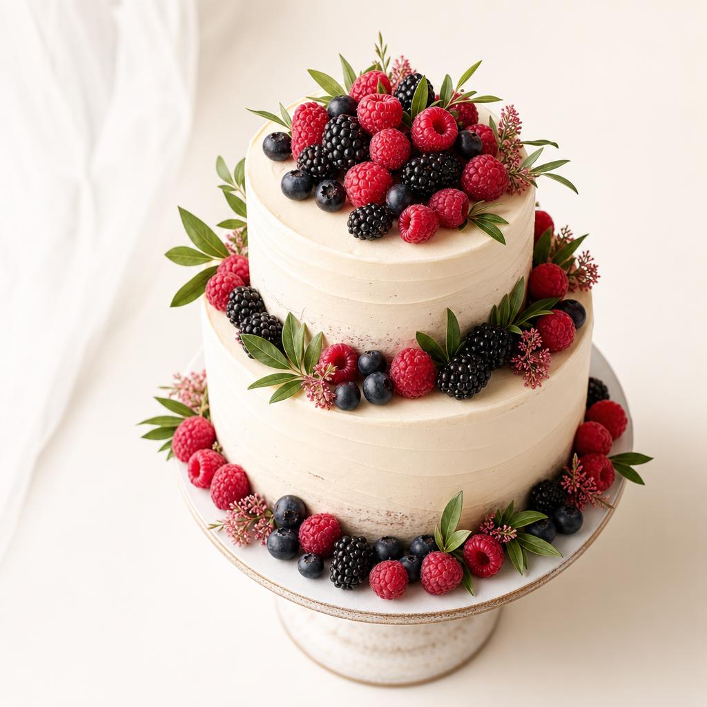 A two-tier wedding cake decorated with fresh berries and greenery, styled for a home bakery showcase